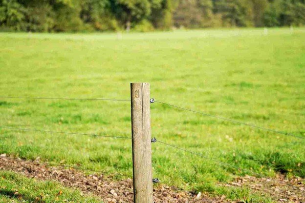 Wooden fence post set securely in the ground with tensioned wire fencing, showing proper post alignment and spacing.